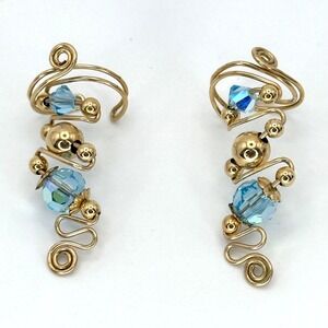 Gold Tone Ear Cuff Earrings Blue Crystal Wire‎ Wrap Fairy Fairycore Cosplay Set